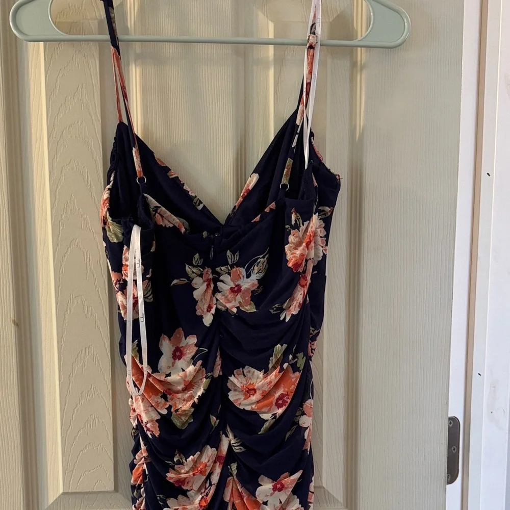 Lulu’s Springtime Bliss Navy Blue Floral Print Mesh Bodycon Mini Dress - Picture 2 of 7